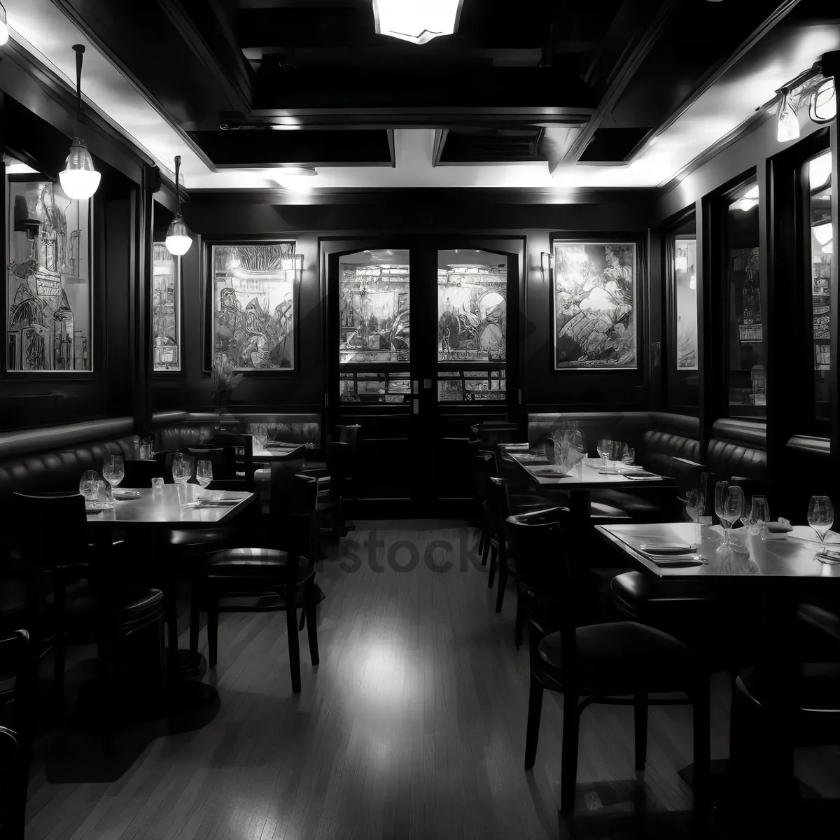 Picture of Modern luxury restaurant interior design with wooden furniture.