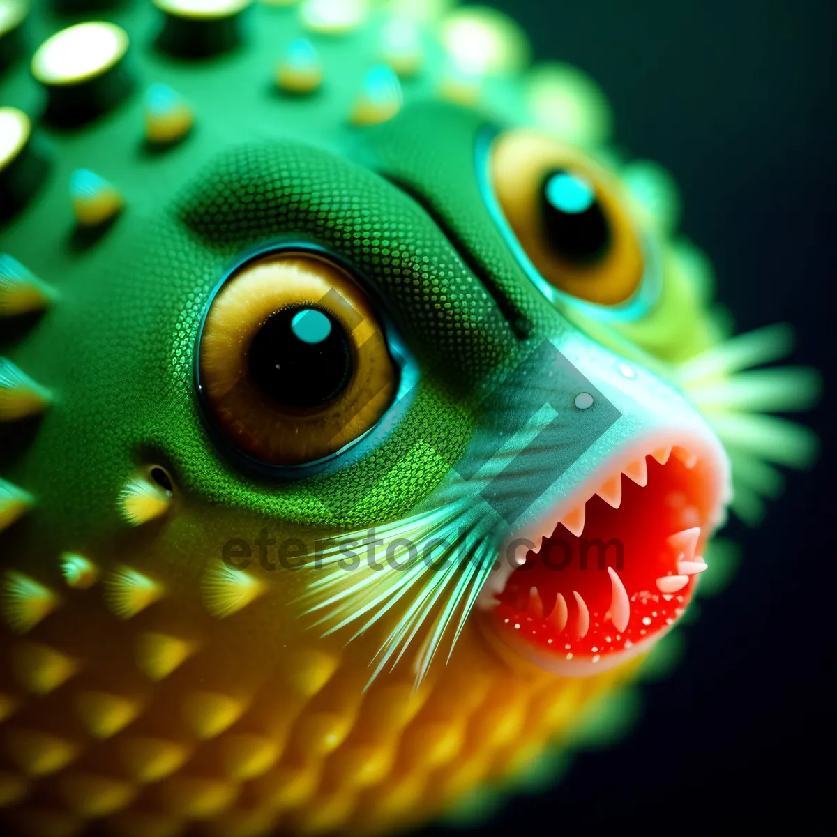 Picture of Colorful Green Lizard with Close-Up Eye in Water