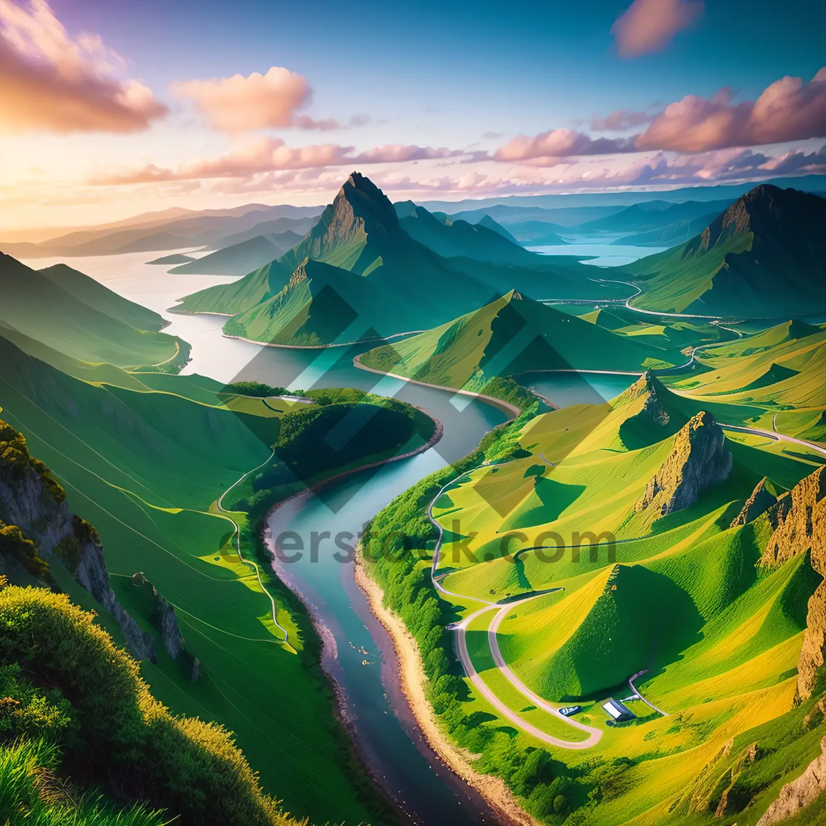 Picture of Golden Horizon: Majestic Summer Sunset over Mountain Landscape