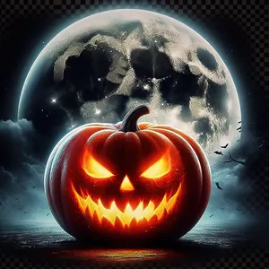 Spooky Jack-o'-lantern Illuminated by Candle Light. Bright orange pumpkin with carved ominous face, lit from inside by fire, on background of big full moon, png format. AI, Generation, Illustration.