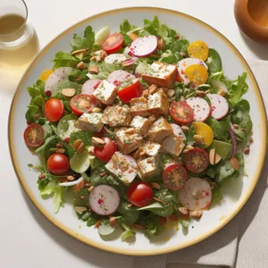Healthy vegetable salad with fresh cheese and tomatoes.