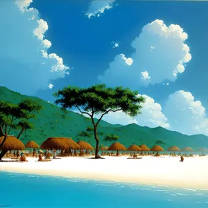 Tropical paradise beach with palm trees and blue water.