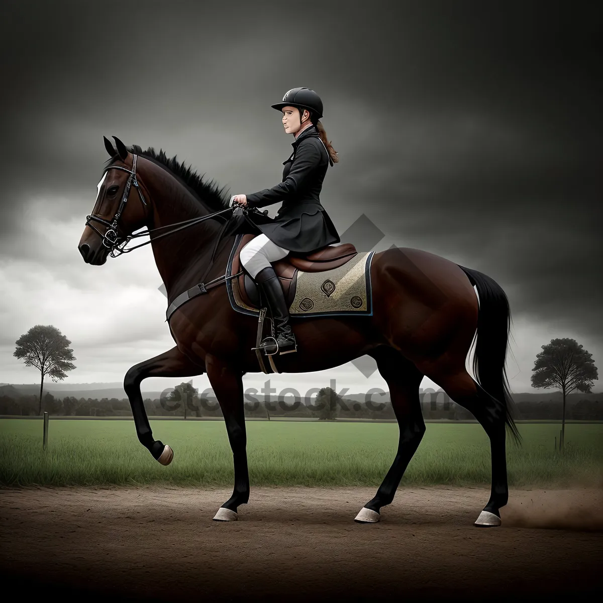 Picture of Equestrian Rider with Polo Mallet on Horseback.