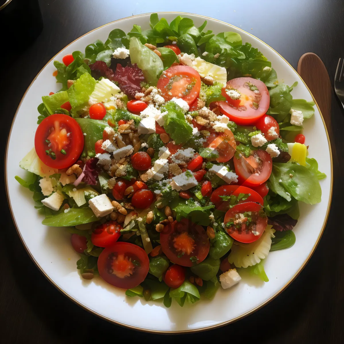 Picture of Delicious gourmet plate with fresh vegetables and cheese