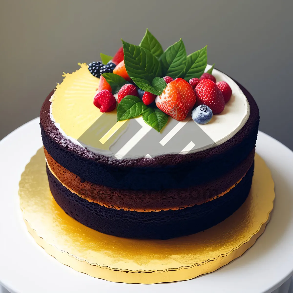 Picture of Delicious fruit and chocolate cake with berries.