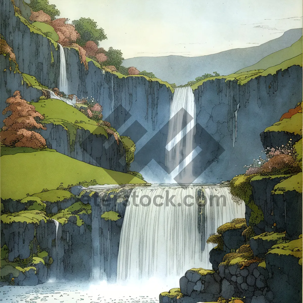 Picture of Enchanting Wilderness Waterfall Cascading Through Lush Forest