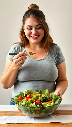 Happy woman holding a vegetable salad in kitchen