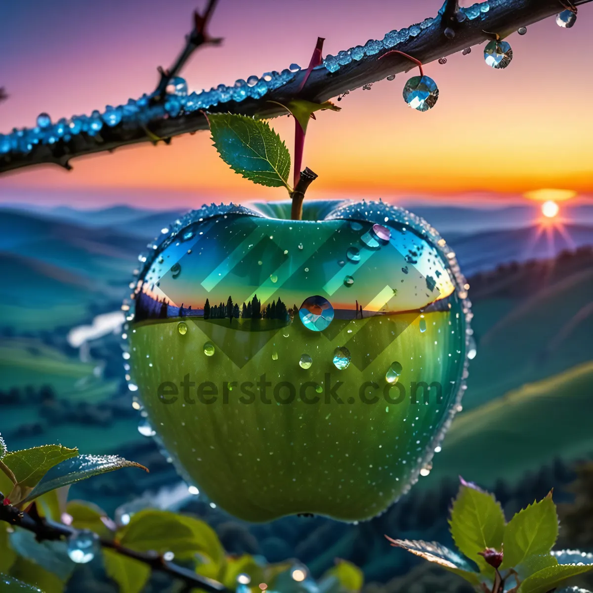 Picture of Fresh and Delicious Apple on Fruit Tree Branch