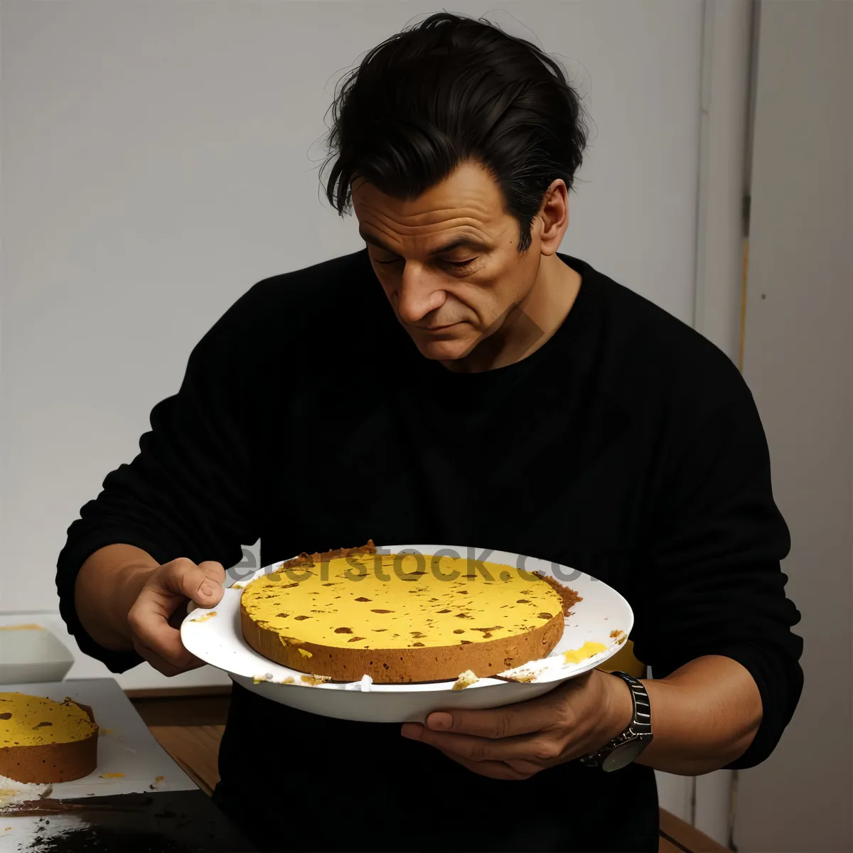 Picture of Man enjoying pizza at a cozy restaurant.