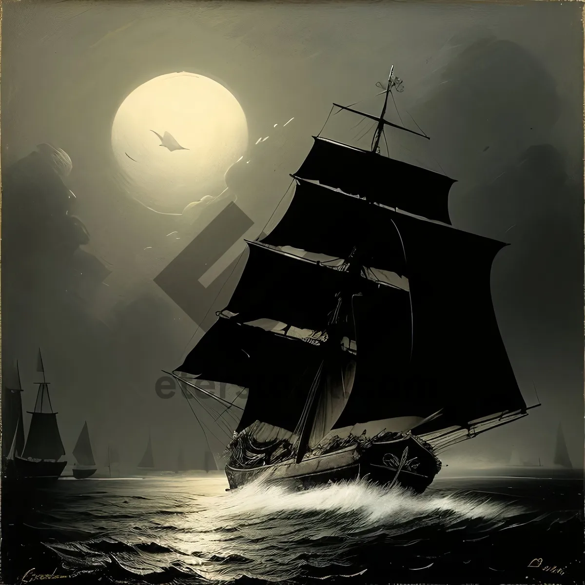 Picture of Silhouette Pirate Ship Sailing on Moonlit Sea.