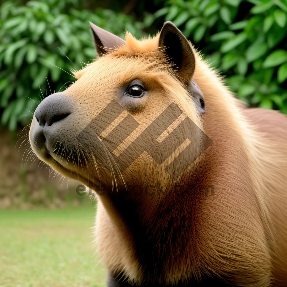 Picture of Adorable domestic horse peacefully grazing in grassy field