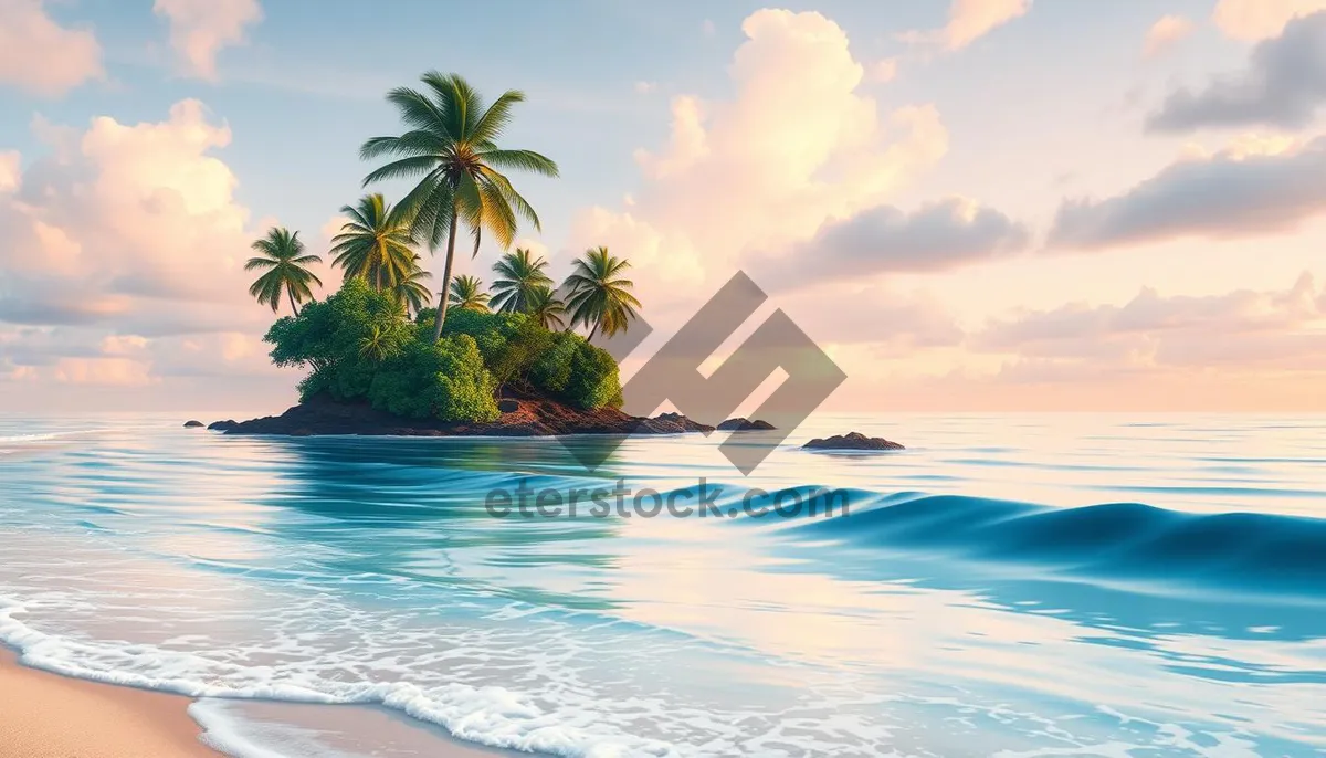 Picture of Tropical beach paradise under sunny sky with palm trees