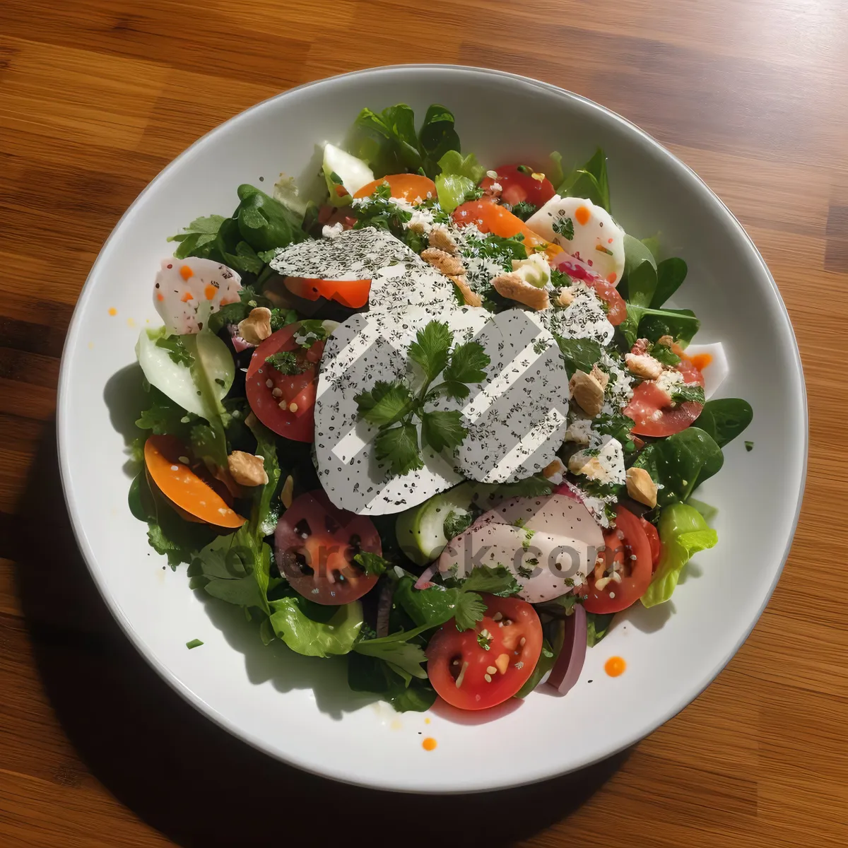 Picture of Delicious gourmet plate with fresh vegetables and sauce.