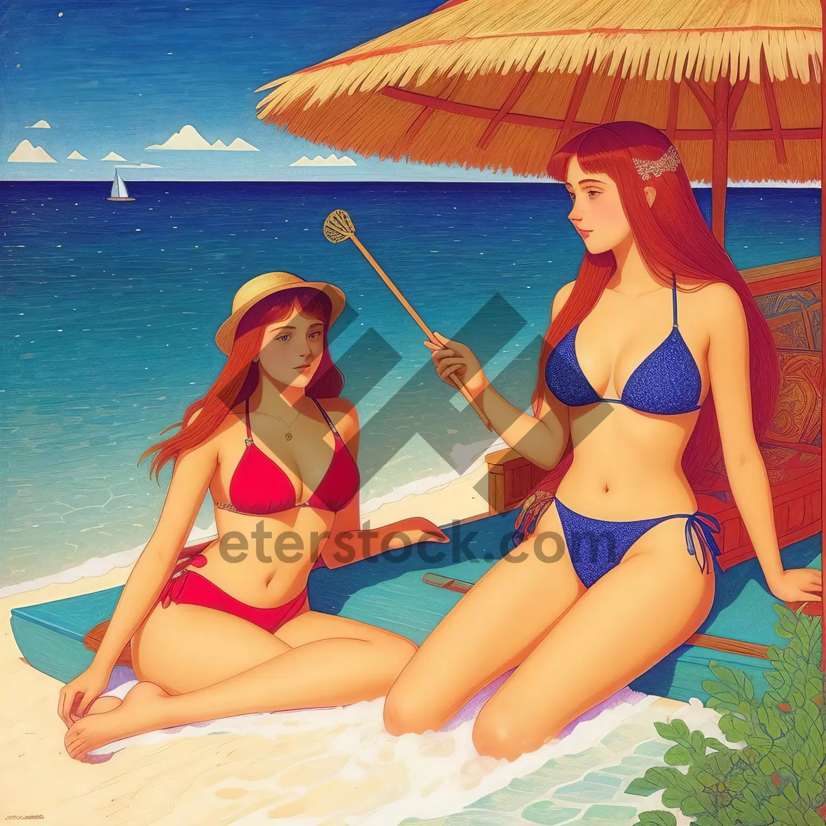 Picture of Exotic Beach Getaway: Attractive Model in Tropical Swimsuit Relaxing by the Sea