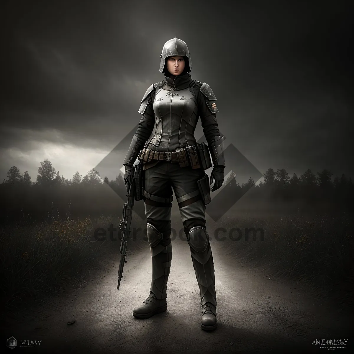 Picture of Warrior in Protective Armor with Helmet and Weapon