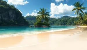 Tropical paradise beach with palm trees and waves