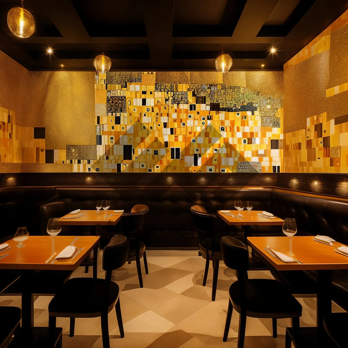 Picture of Modern Cafeteria Interior Design with Wooden Furniture and Chairs
