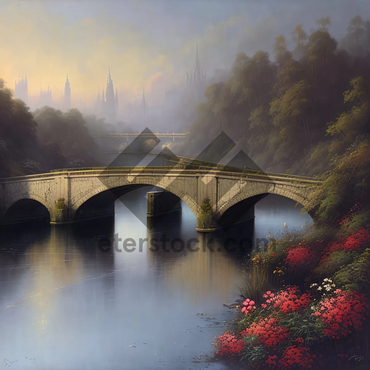 Picture of Nighttime Reflections: Old Stone Steel Arch Bridge in Cityscape