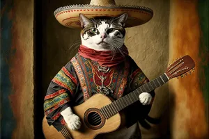 Rock singer with cowboy hat playing electric guitar on stage.