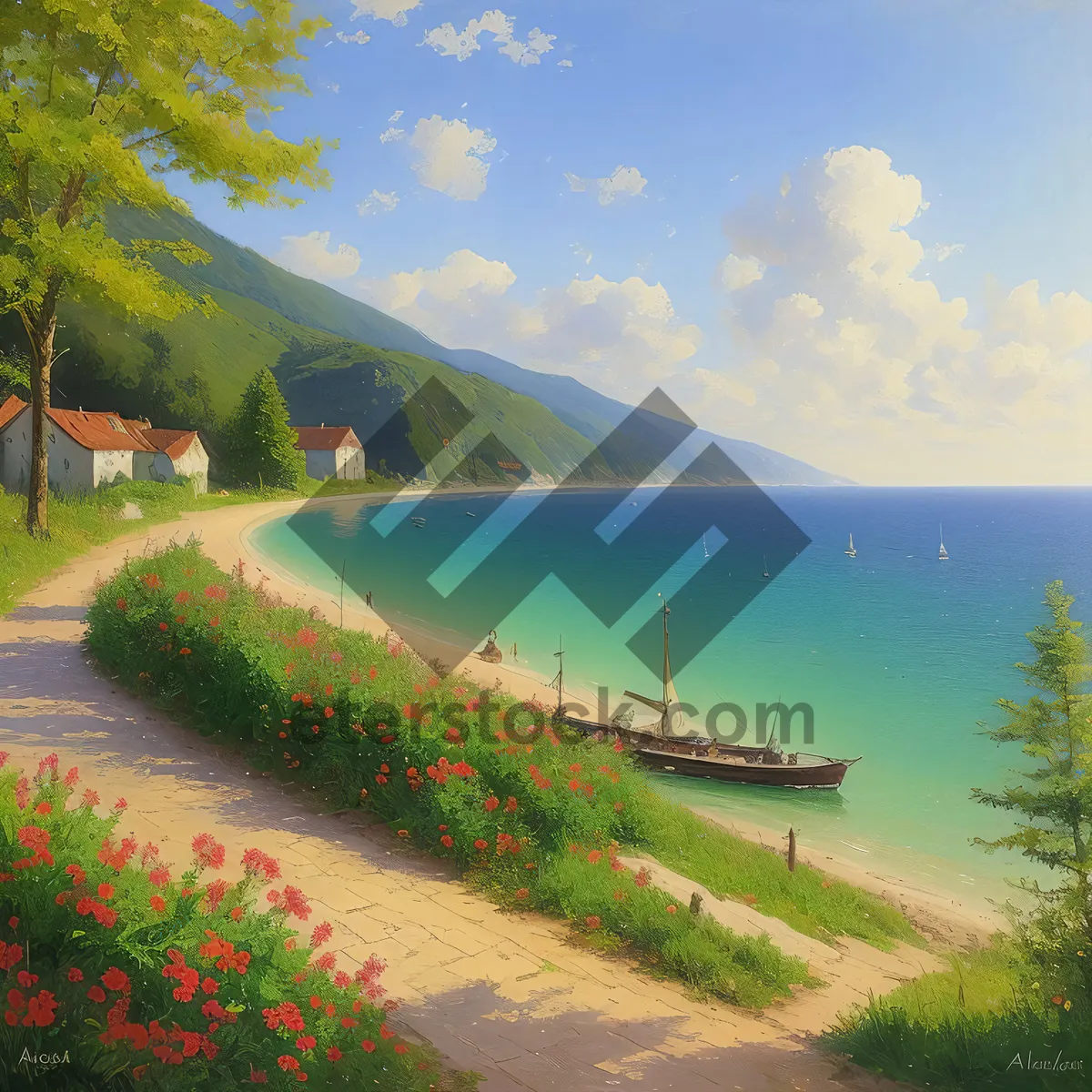 Picture of Tranquil beach with lush trees and clear skies