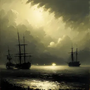 Sunset Harbor: Vintage Pirate Ship at Sea