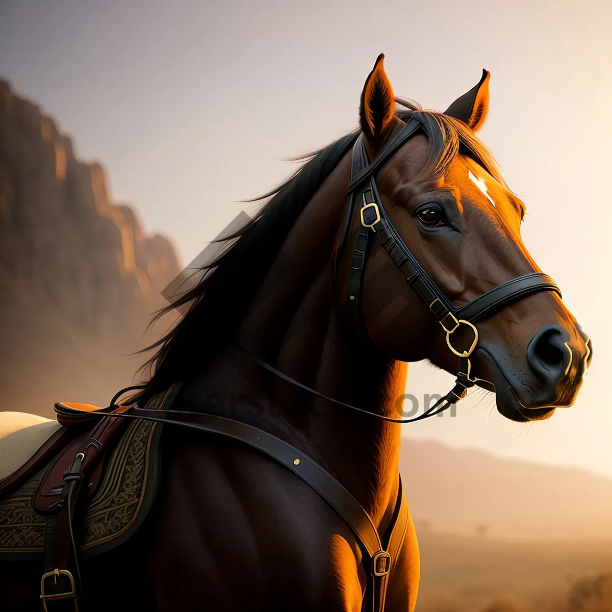 Picture of Brown Thoroughbred Stallion with Bridle and Harness