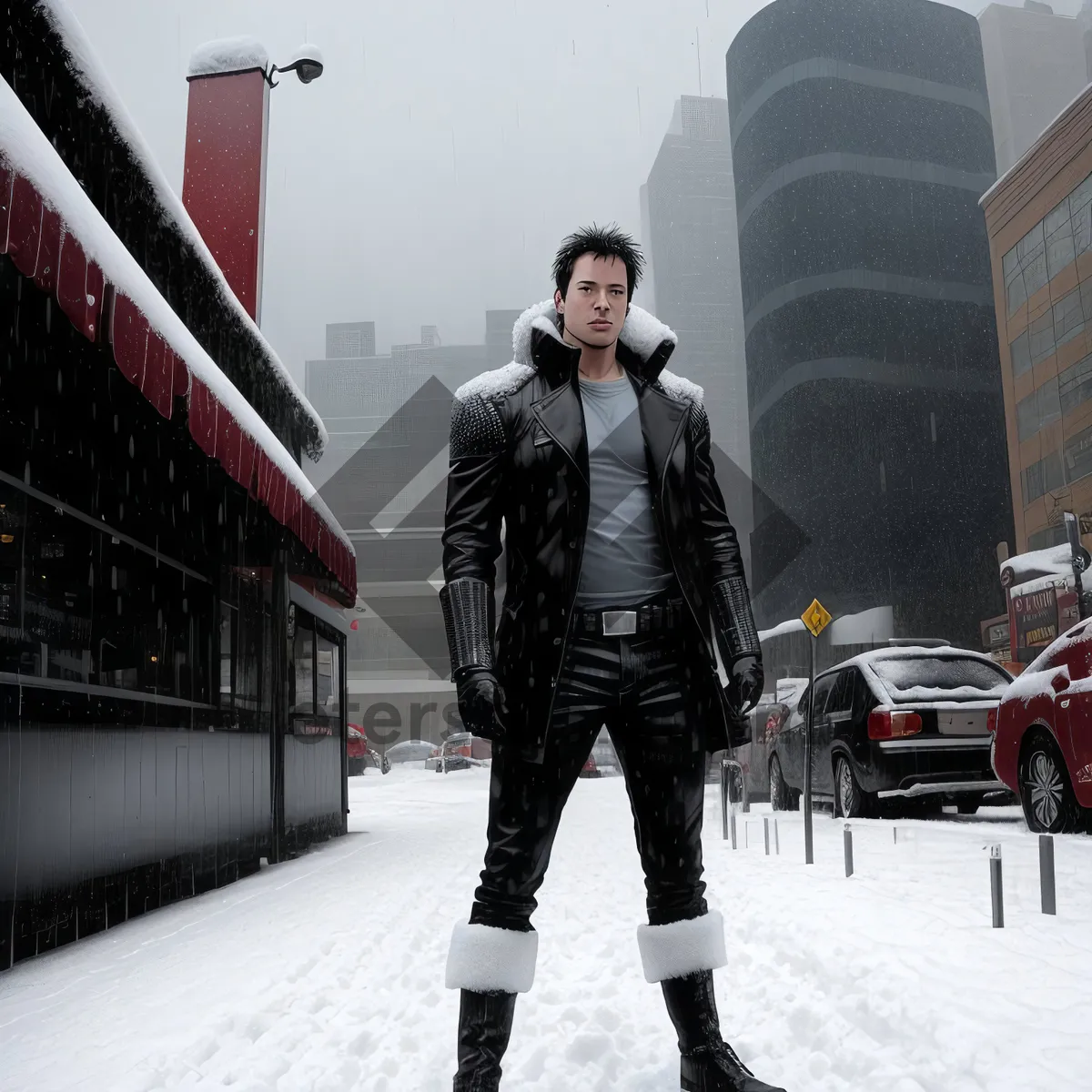 Picture of Smiling male traveler enjoying snowy urban stroll."
(Note: This is just one example of a short descriptive name for an image based on the provided tags. There can be multiple variations depending on the desired emphasis and composition of the image.)