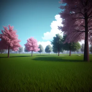 Colorful Summer Landscape with Oak Trees and Clear Sky