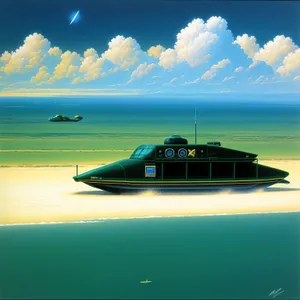 Hovercraft gliding over tranquil sunset beach