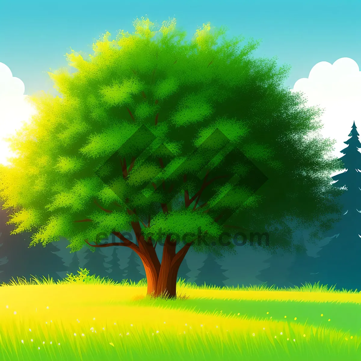 Picture of Vibrant Meadow under Clear Sky with Oak Tree