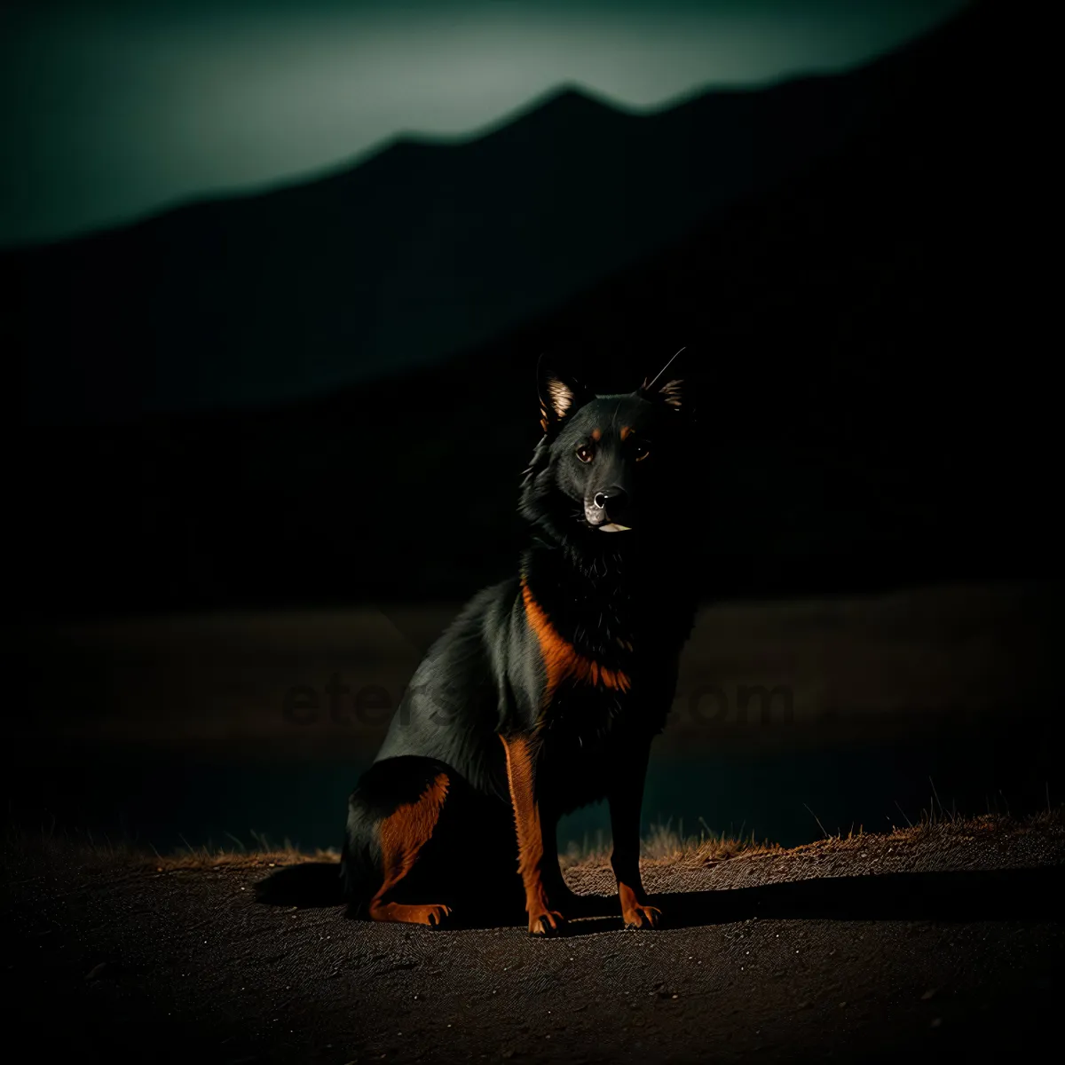 Picture of Silhouette of Watchdog at Sunset with Horse