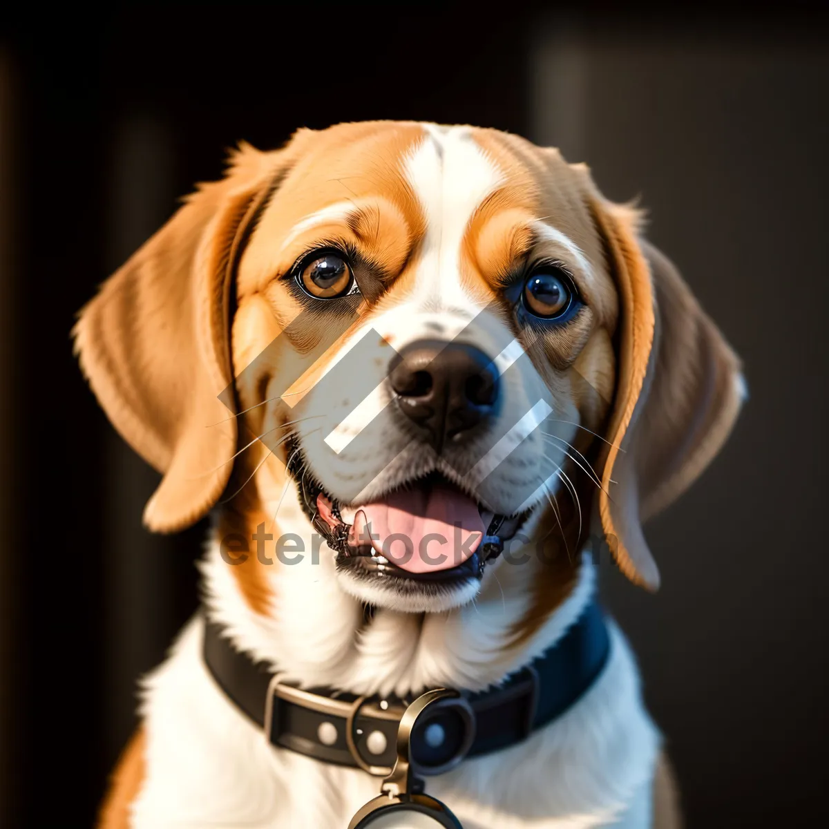 Picture of Cute Beagle Puppy with Collar, Sitting and Looking