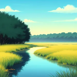 Serene sunset over rural lake reflecting the scenic horizon