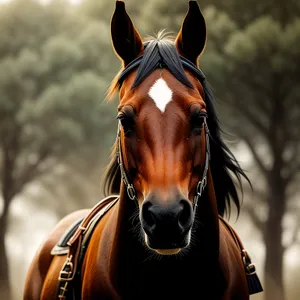 Beautiful brown stallion grazing peacefully in meadow.