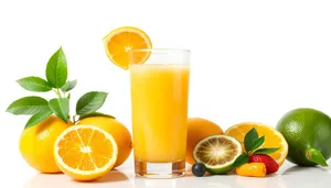 Refreshing orange lemonade with tropical fruits in glass.