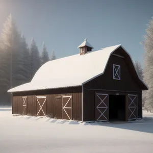 Snow-covered Winter Farmhouse Nestled Among Trees