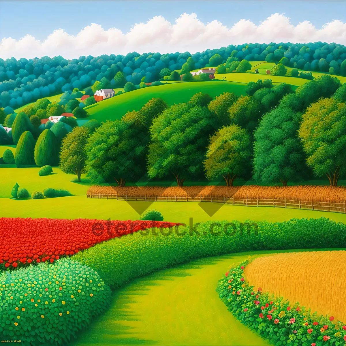 Picture of Vibrant Summer Landscape with Lush Green Fields