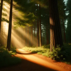 Serene Forest Landscape with Meandering Road and Sunlit Trees