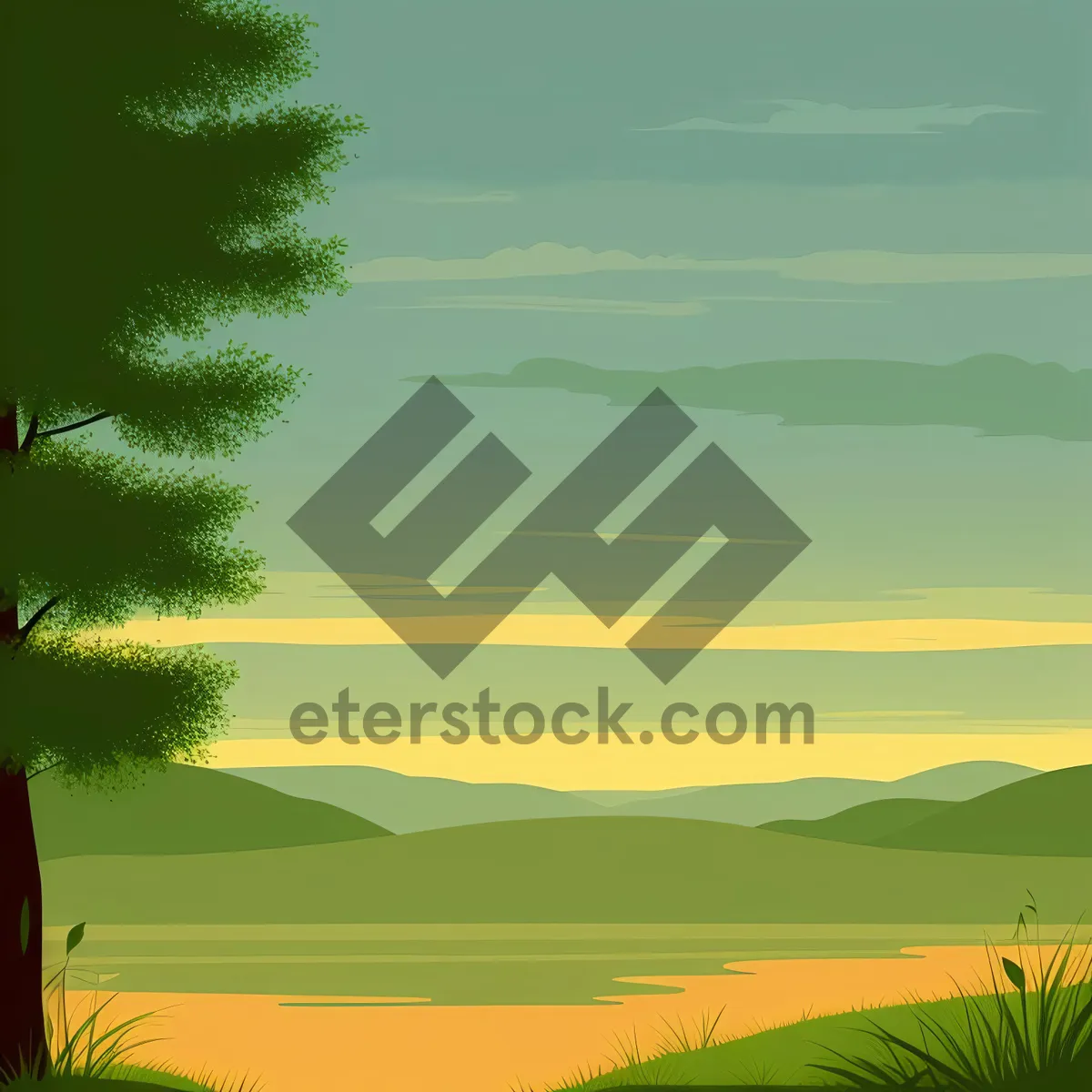 Picture of Serene Summer Landscape with Vibrant Sky and Green Meadow