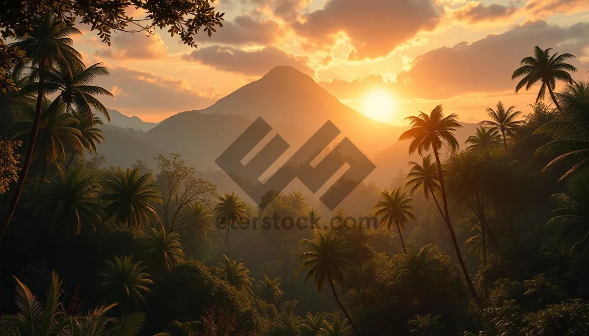 Picture of Tropical sunset over beach with palm trees.
