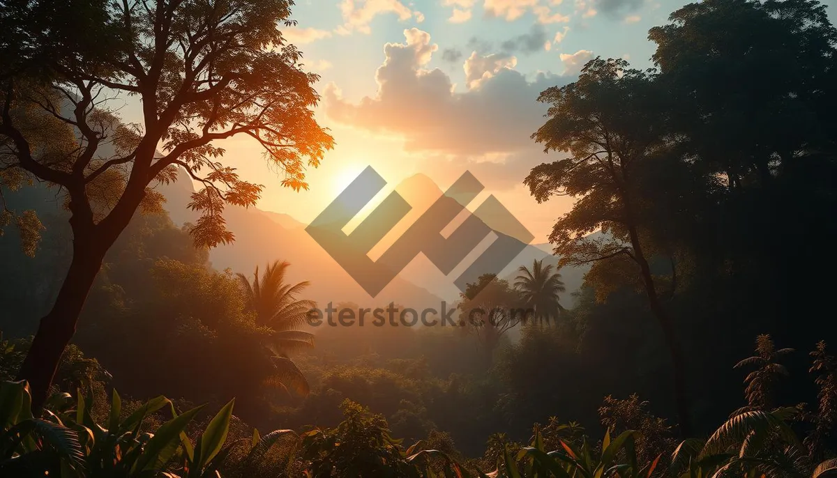 Picture of Orange sunset over silhouetted mountain landscape with trees.