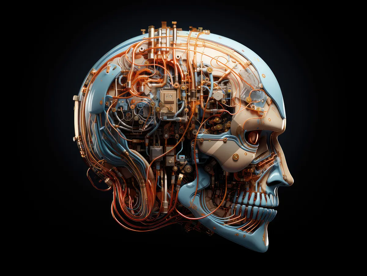 Picture of Science fiction concept of ai. Artificial brain as the most important element of the artificial intelligence system. Electronic chips and memory elements are integrated into the brain structure.