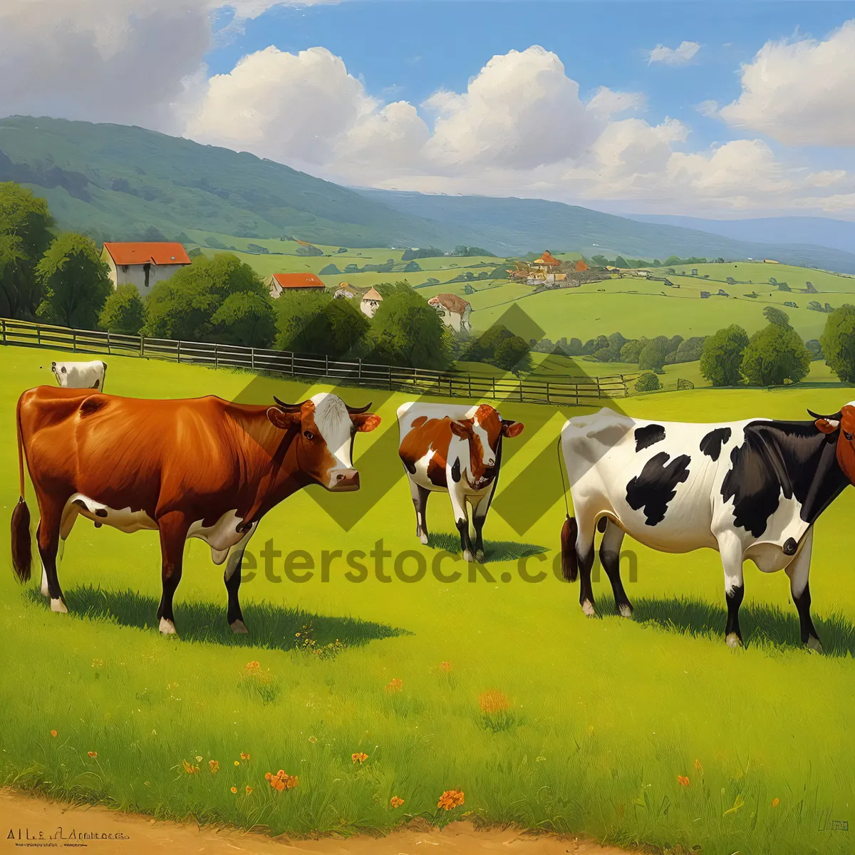 Picture of Idyllic Rural Ranch with Grazing Cows and Horses