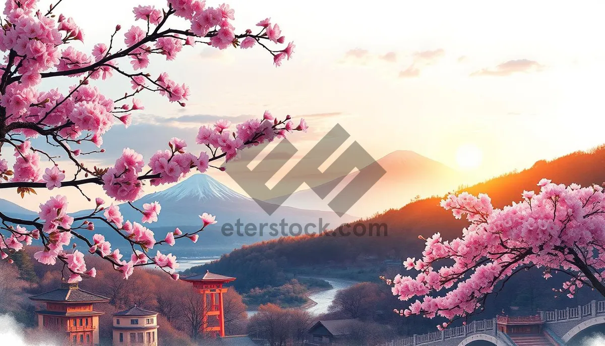 Picture of Beautiful Autumn Sunset over Japanese Forest Mountain Landscape.