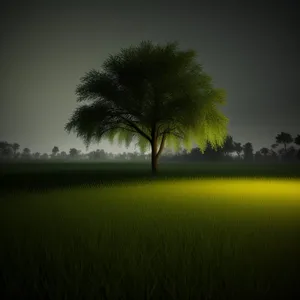 Golden Horizon: Tranquil Sunset Over Scenic Meadow