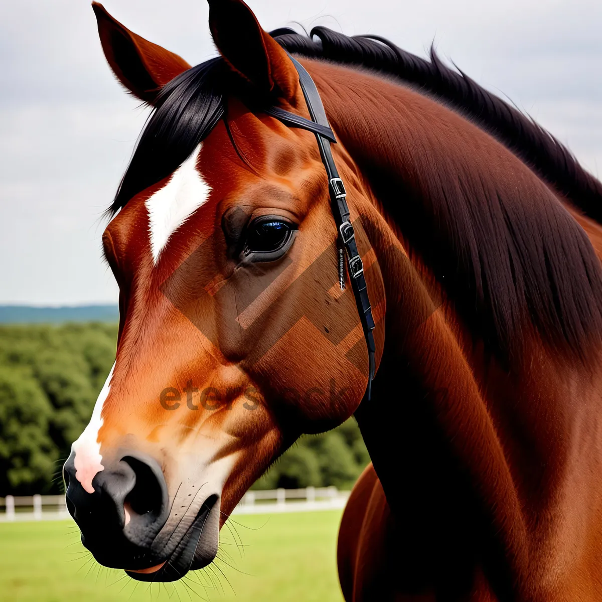 Picture of Graceful Thoroughbred Stallion Roaming in Rural Pasture
