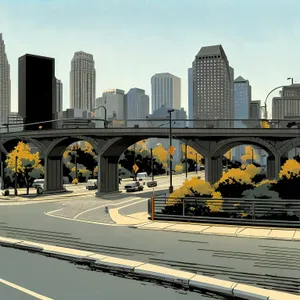 Cityscape Reflections: Steel Arch Bridge Over River