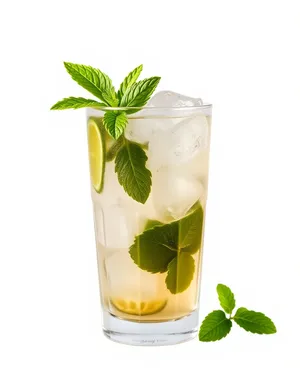 Refreshing flower cocktail in glass vase with plant leaf.