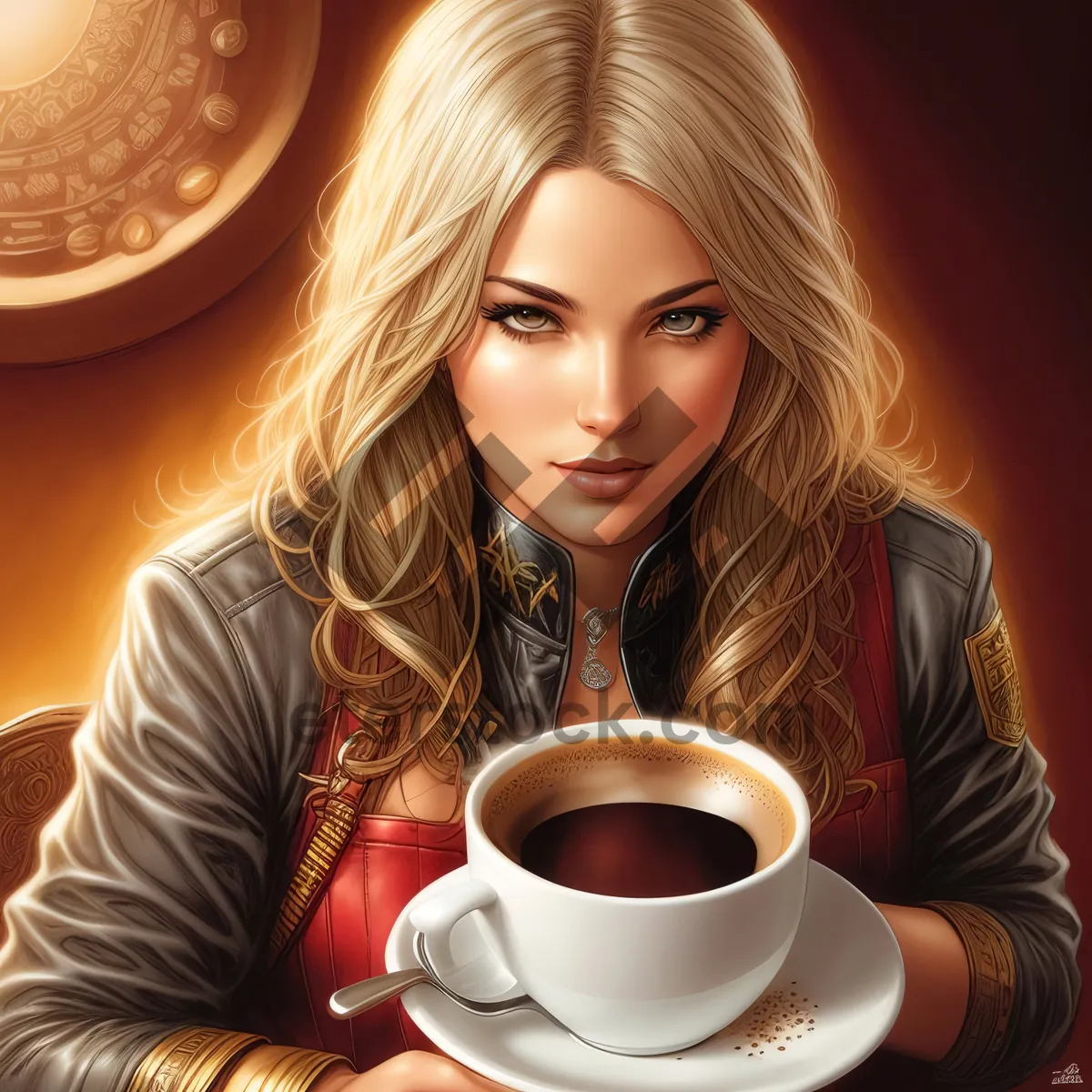 Picture of Smiling brunette lady enjoying a hot espresso drink