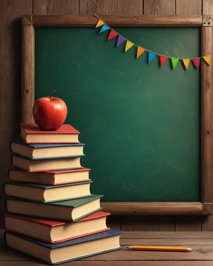 Vintage library books stack on old blackboard